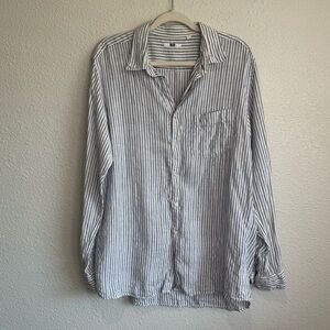 Uniqlo Shirt Men's‎ Large Button Up 100% Linen Blue Long Sleeve Striped Boho